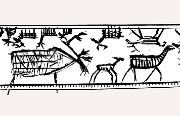 Fig. 2 Caribou bull, calf and cow (?). Detail from engraved drill bow. 