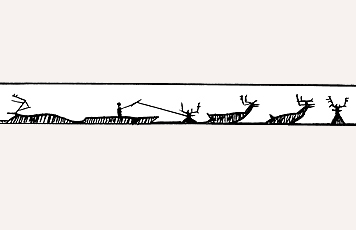 Fig. 3 Kayaker hunting caribou on lake. Detail from engraved drill bow.