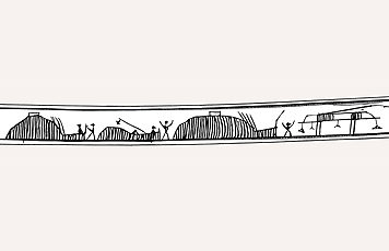 Fig. 2 Village with houses and umiaq stands. Detail from engraved drill bow. 