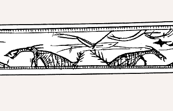 Fig. 2 Two creatures with large-toothed mouths rising from the ground, and serpent-like being, lying on its back (?), perhaps representing a kokogiak. Detail from engraved drill bow. 