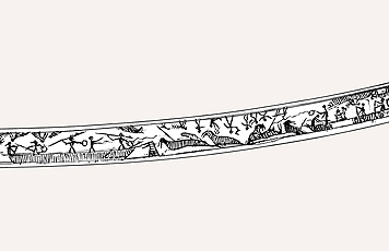 Fig. 2 Umiaq approaching walrus on ice floe. Detail from engraved drill bow. 