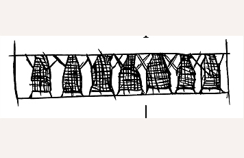 Fig. 6 Skins stretched out for drying. Detail from engraved drill bow. 