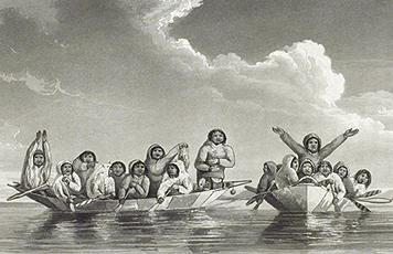 Fig. 5 ‘Baidars of Hotham Inlet’. Iñupiaq men approaching Captain F. W. Beechey's ship, HMS Blossom, in their boats (umiaq), signaling their interest in trading with the Europeans. 