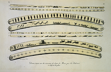 Fig. 3 Colour painting by Louis Choris, entitled ‘Dessins traces sur des morceaux de dents de Morse par les Habitans du Golfe de Kotzebue’.