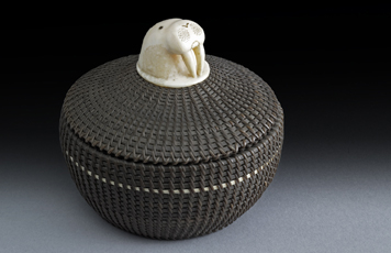 Fig. 15 Coiled baleen basket with walrus ivory finial carved in form of a walrus head. 